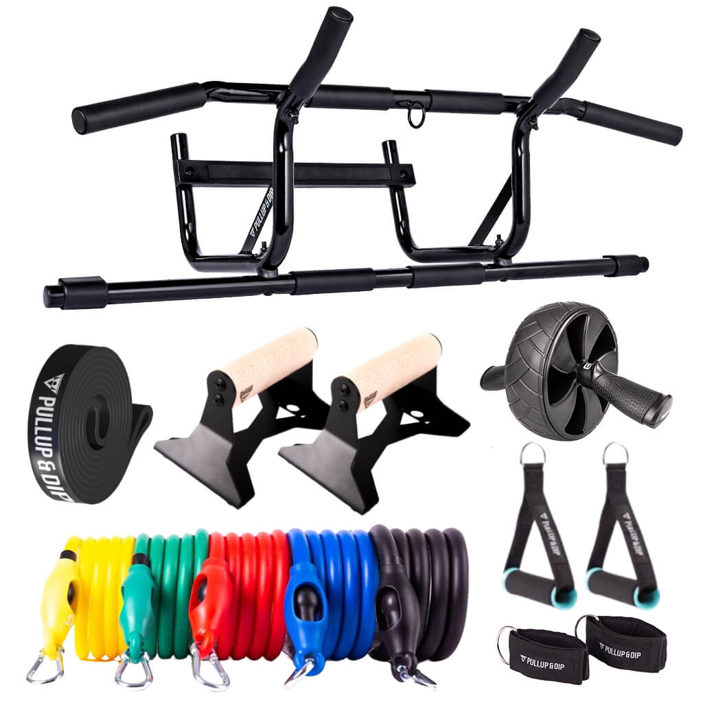 Homeworkout-Set: Soporte para Flexiones, Rueda Abdominal, Barra Dominadas Puerta y Bandas de Resistencia