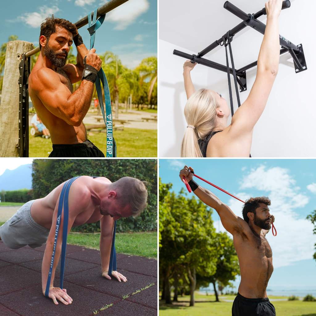 Paquete de barra de dominadas con correas de dominadas y guías de entrenamiento en inglés