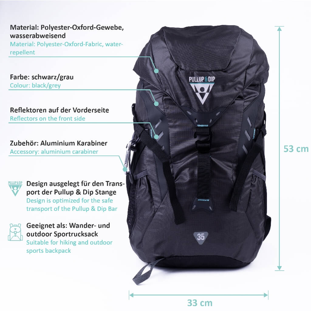 Mochila deportiva 35L para la barra de dominadas Pullup & Dip, accesorios y actividades al aire libre.