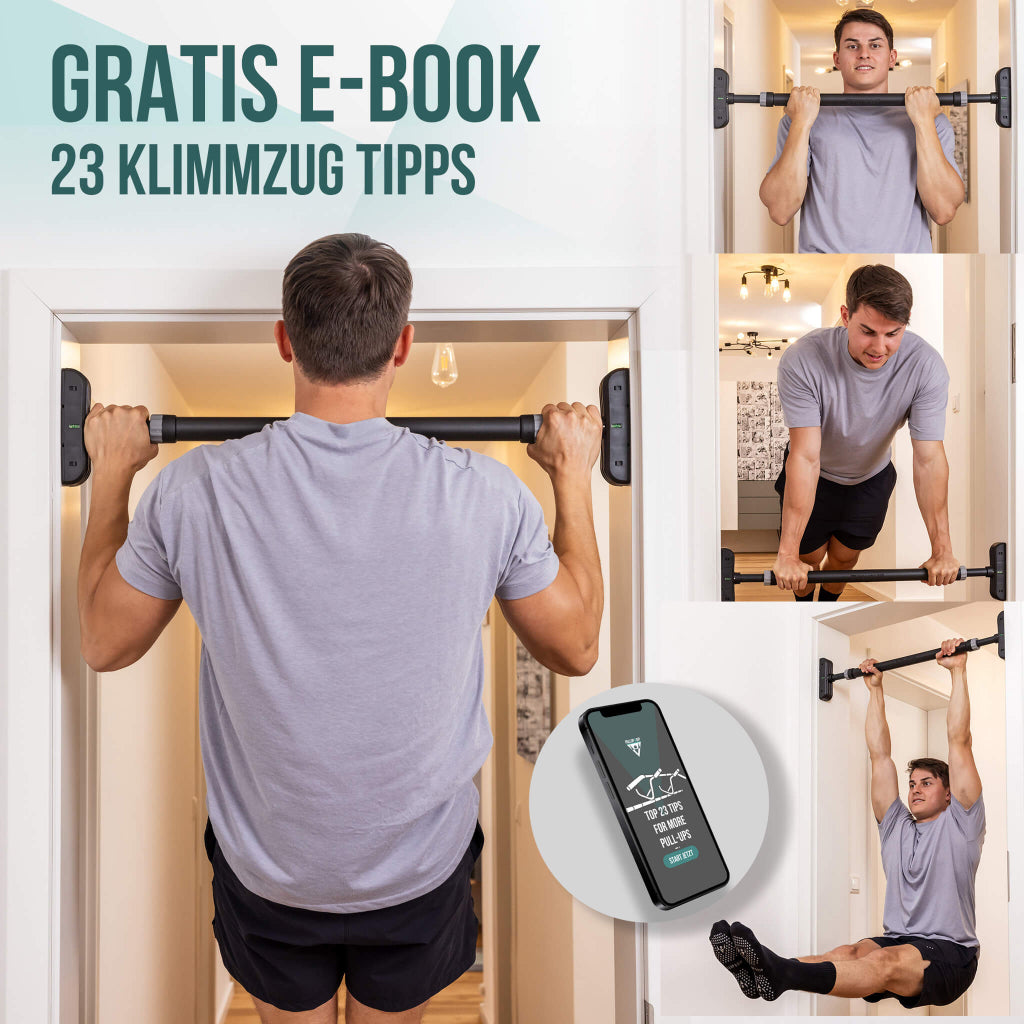 Paquete de barra de dominadas con correas de dominadas y guías de entrenamiento en inglés