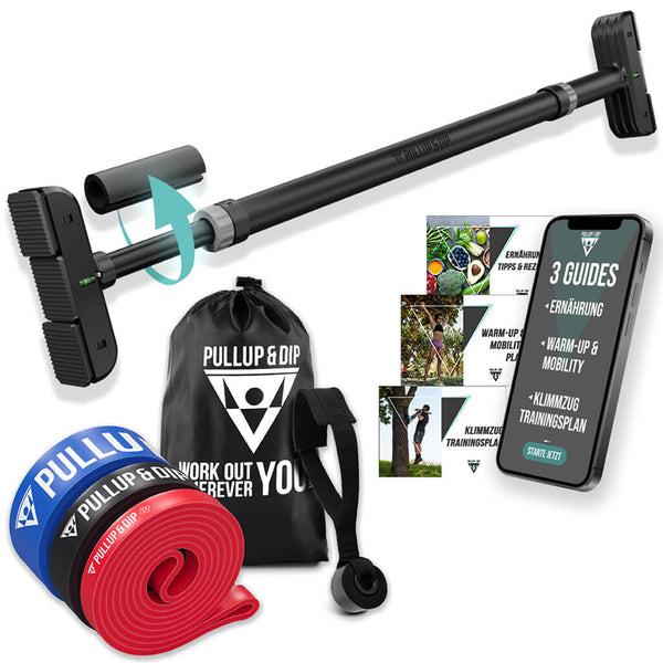 Paquete de barra de dominadas con correas de dominadas y guías de entrenamiento en inglés