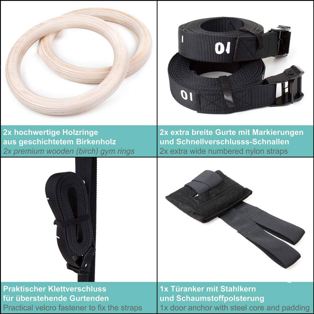 Anillas gimnasia en madera, incluyen mochila, correas de fijación con marcas y así como anclaje de puertas