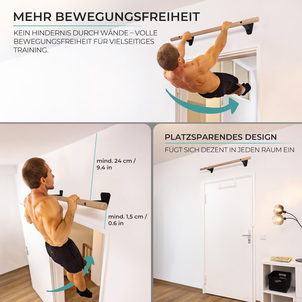 Barra de dominadas de madera para montaje en pared por encima del marco de la puerta